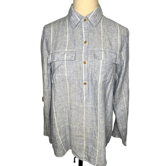 Ellen Tracy S Long Sleeve 100% LINEN Button Up Shirt Blouse Blue White - Picture 1 of 5